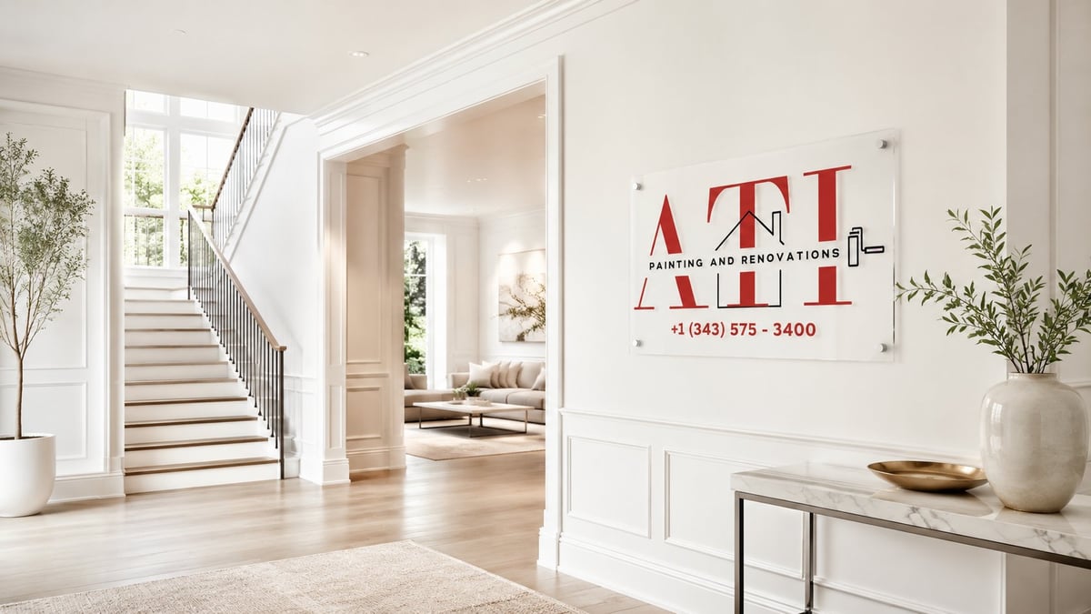Modern bright entryway with staircase, ATI Painting and Renovations logo on the wall, white console table with plant, and open doorway to living room